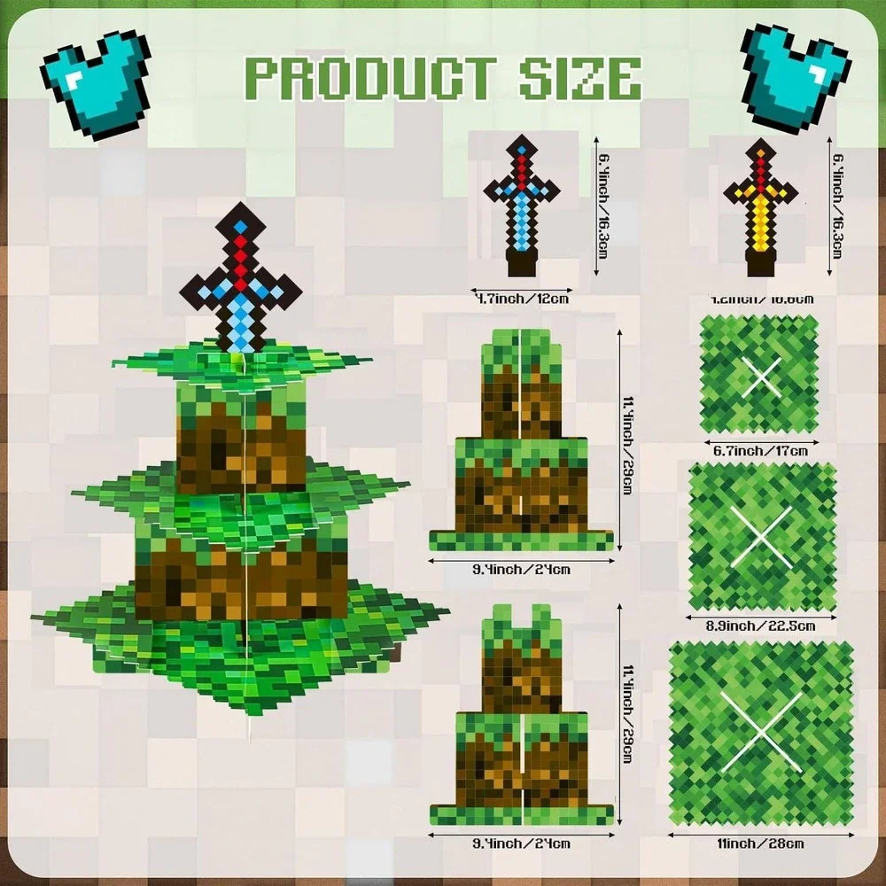 Minecraft Style Pixelated 3 Tier Cupcake Stand Gaming Party Dessert Tower NEW‎